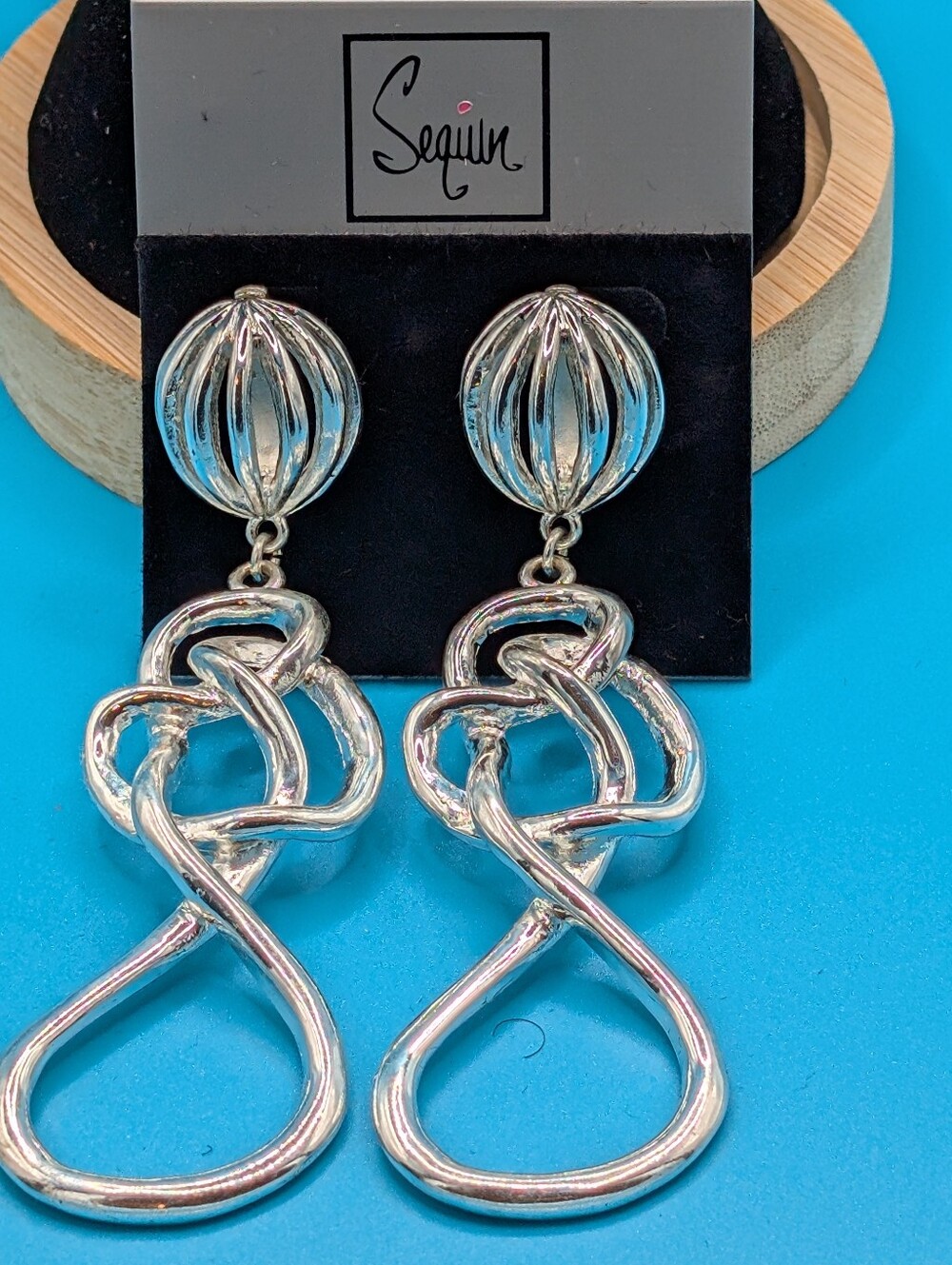 Sequin Silver Statement Knot Drop Earrings